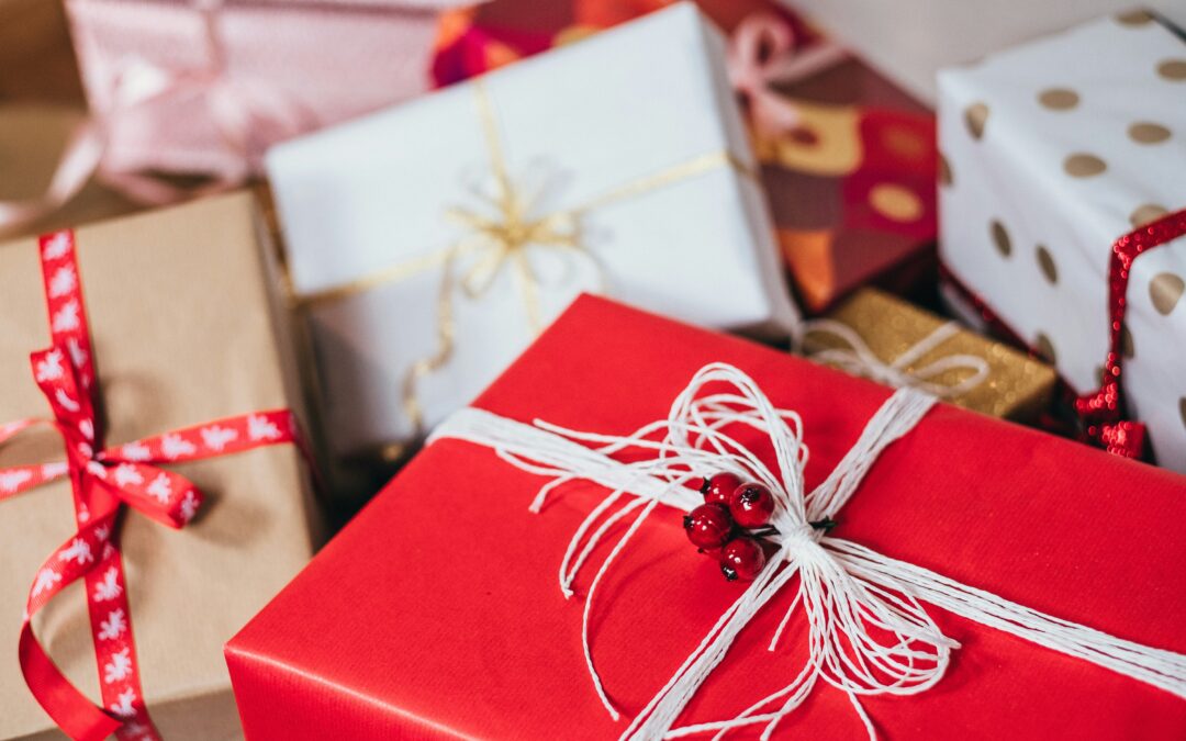 Digital Holiday Shopping packages wrapped in red and white and gold